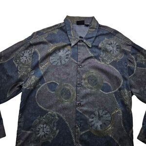 Vintage Bon Homme Shirt Mens Medium Geometric Clock Time Long Sleeve 90s USA